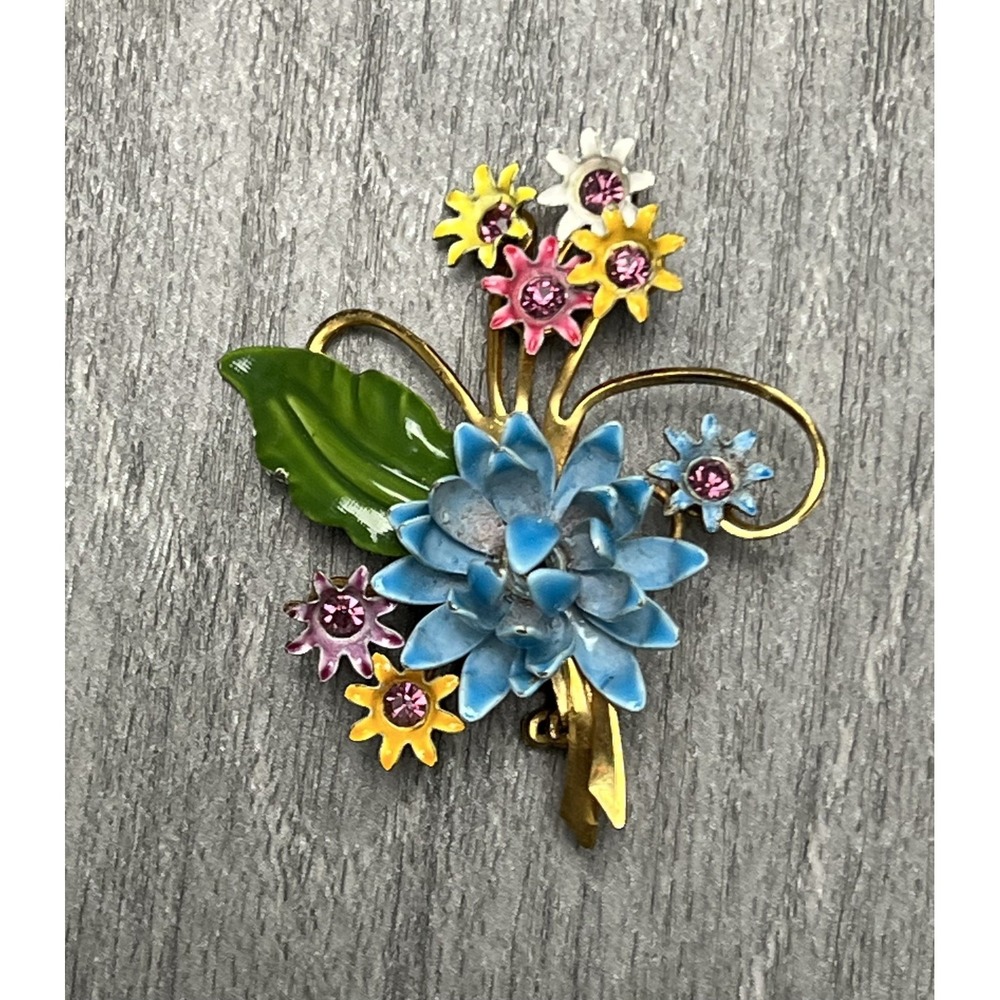 Vintage Enamel Flower Bouquet Brooch Pin Gold Tone Rhinestone Floral Jewelry